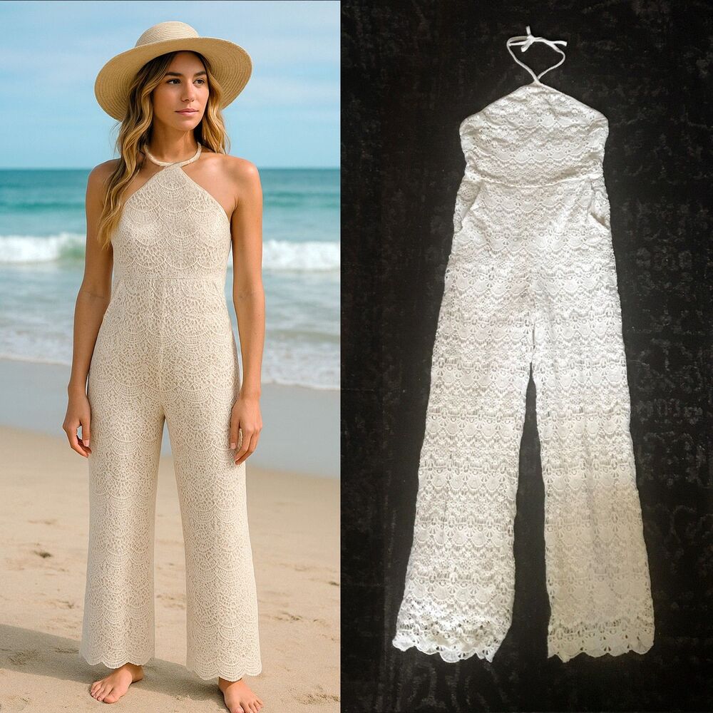 Sundays August Jumpsuit Womens S Ivory Crochet Lace Halter Lined Boho NWT $160